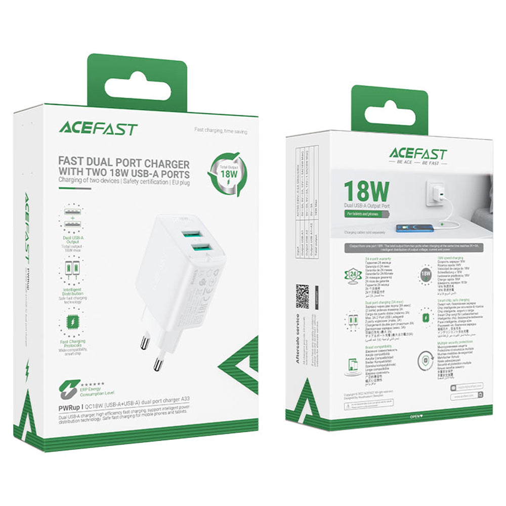 Ładowarka sieciowa Acefast A33, 18W, 3A, 2 x USB-A, Czarna