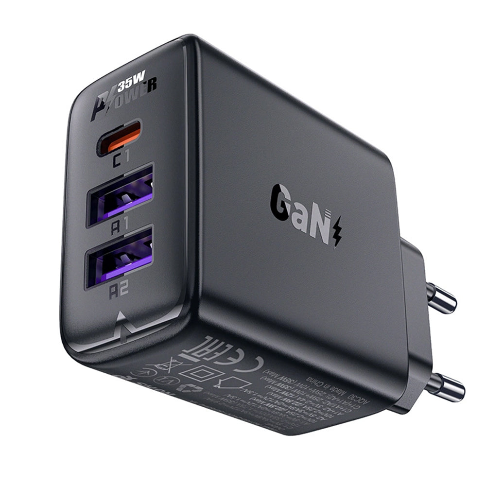 Acefast A57 Network Charger, 35W, 3A, 2 x USB-A - 1 x USB-C, Black