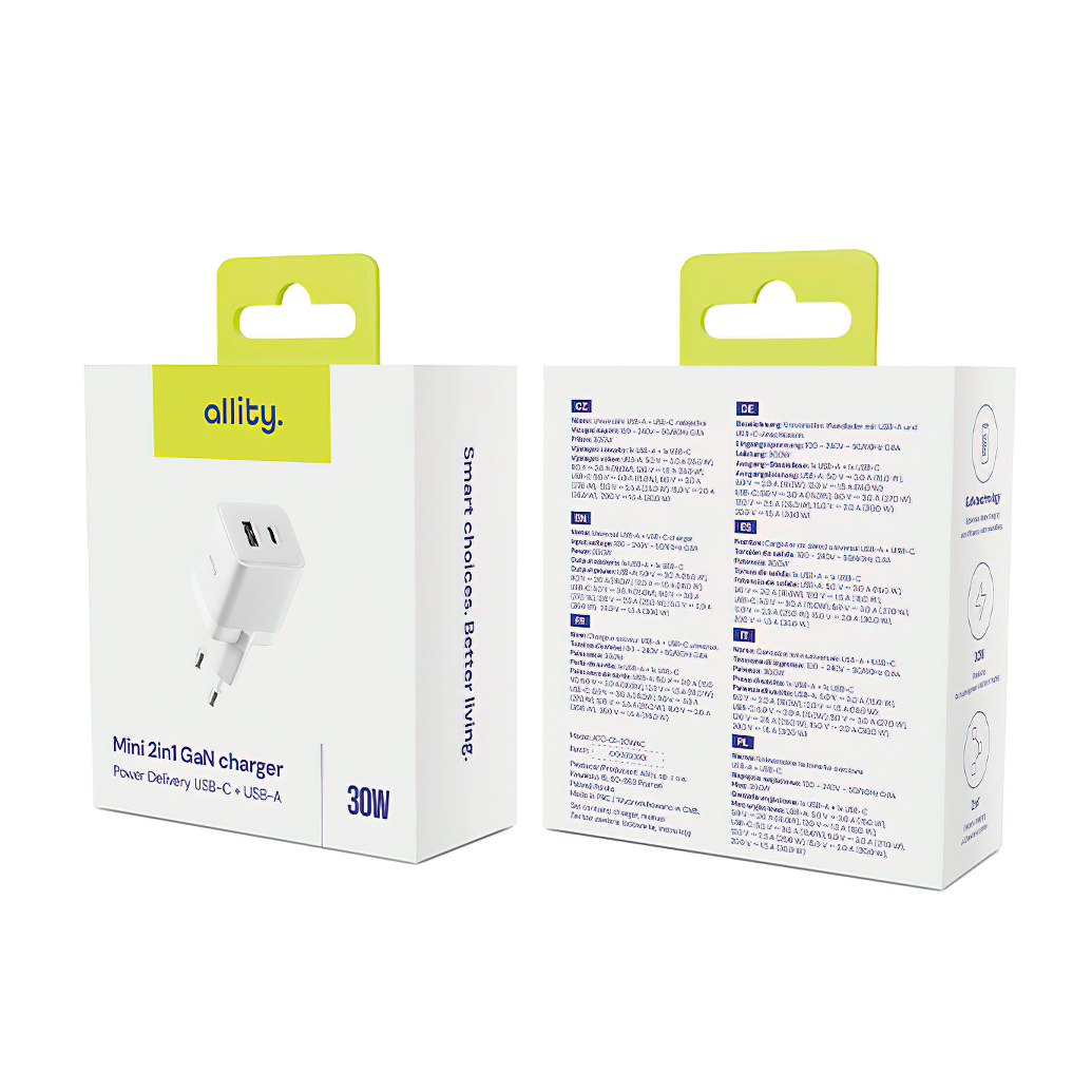 Ładowarka sieciowa Allity. ATC-01-30WAC Mini, 30W, 3A, 1 x USB-A - 1 x USB-C, Biały