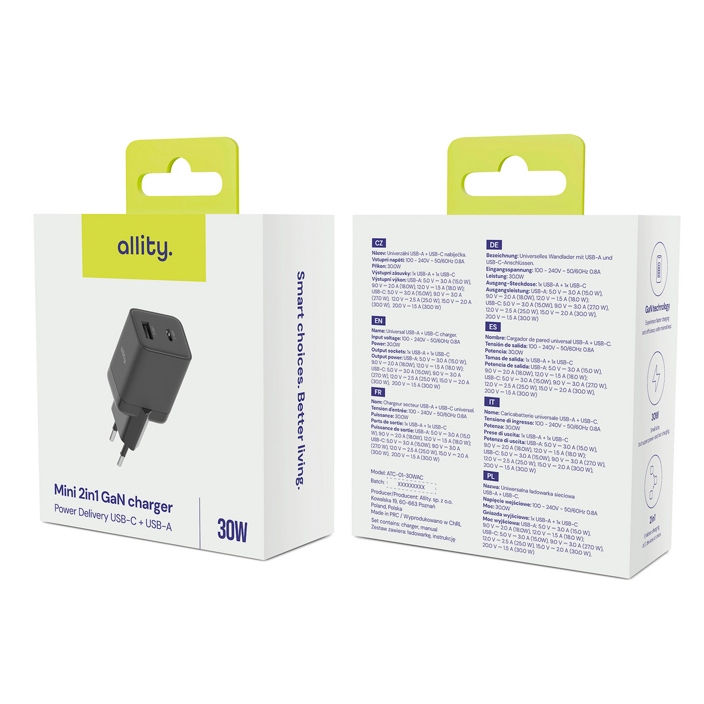 Ładowarka sieciowa Allity. ATC-01-30WAC Mini, 30W, 3A, 1 x USB-A - 1 x USB-C, Czarny