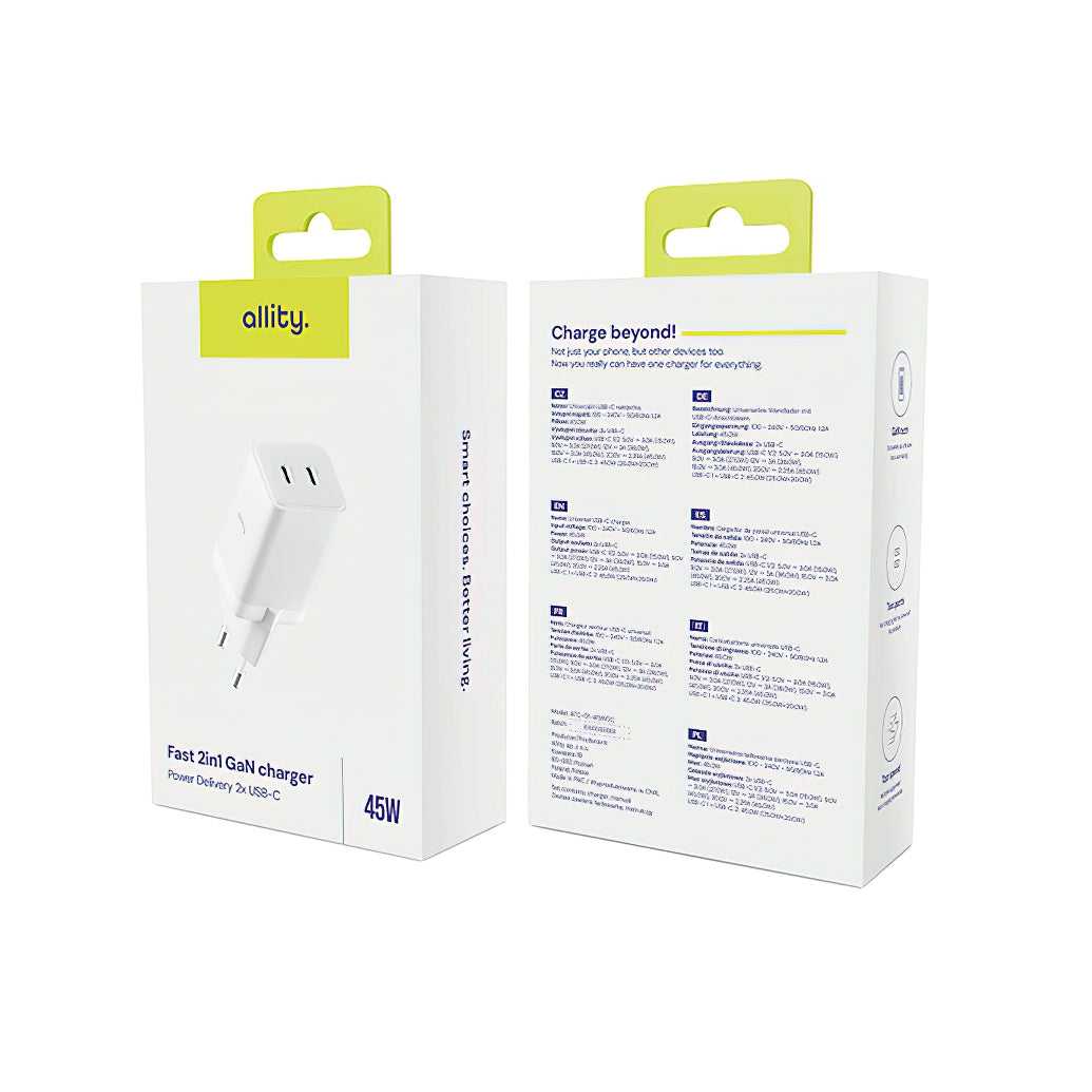 Ładowarka sieciowa Allity. ATC-01-45WCC Fast, 45W, 3A, 2 x USB-C, Biały