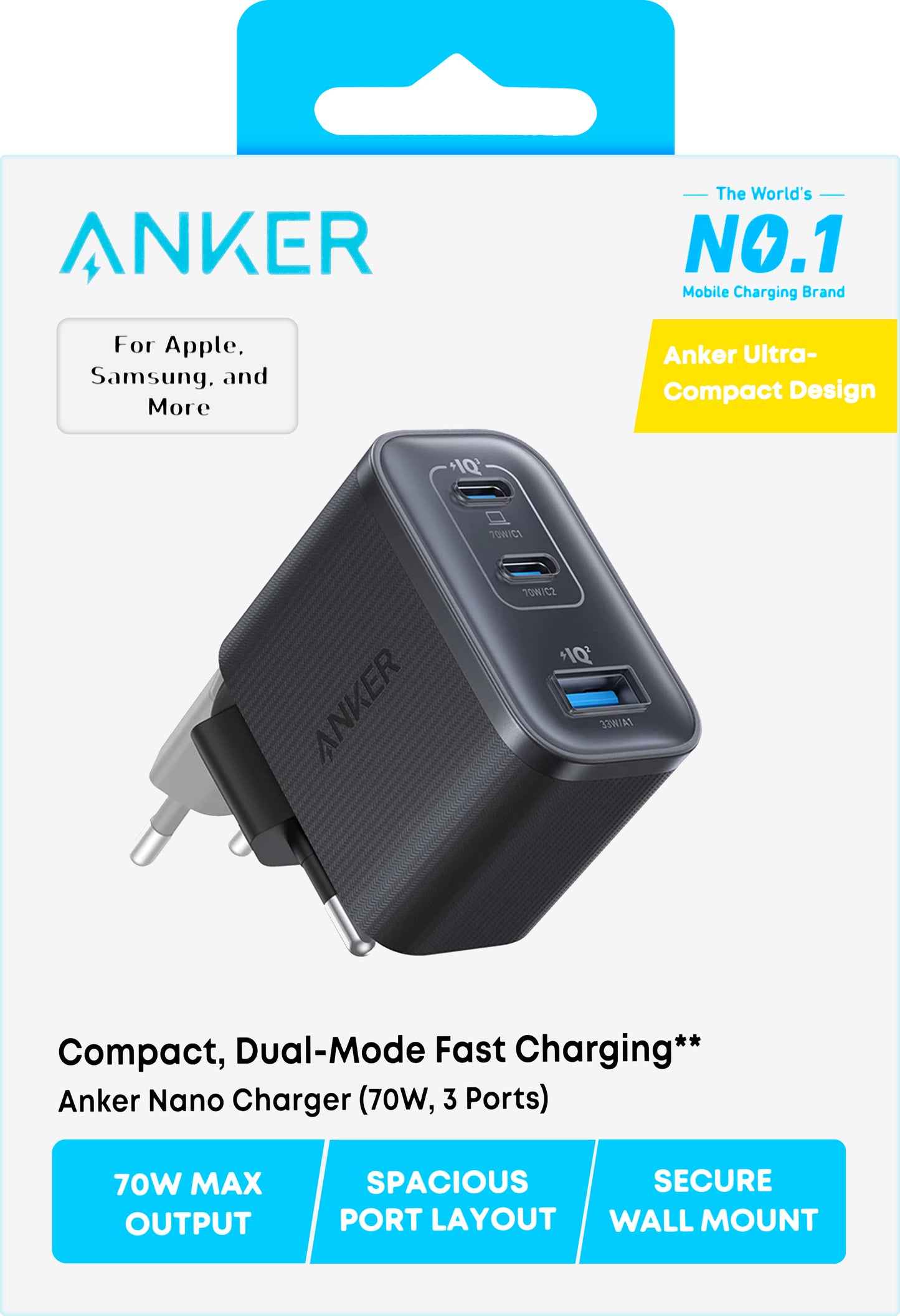 Ładowarka sieciowa Anker Nano, 70W, 3.5A, 1 x USB-A - 2 x USB-C, Czarny A121AL11