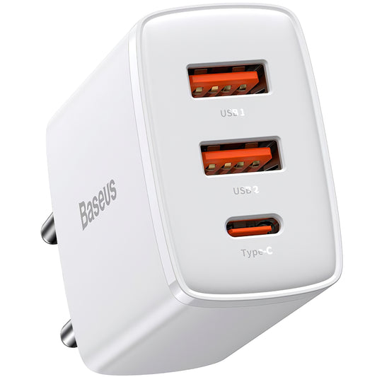 Ładowarka sieciowa Baseus Compact, 30W, 1 x USB-C - 2 x USB-A, biała CCXJ-E02