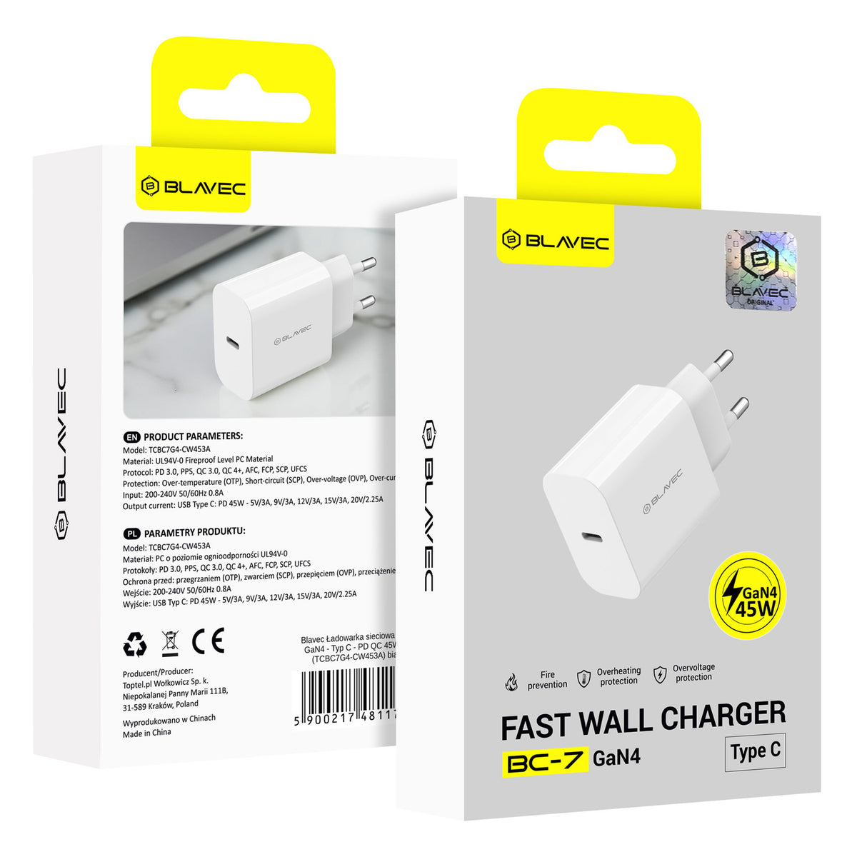 Ładowarka sieciowa Blavec BC-7, 45W, 3A, 1 x USB-C, Biała