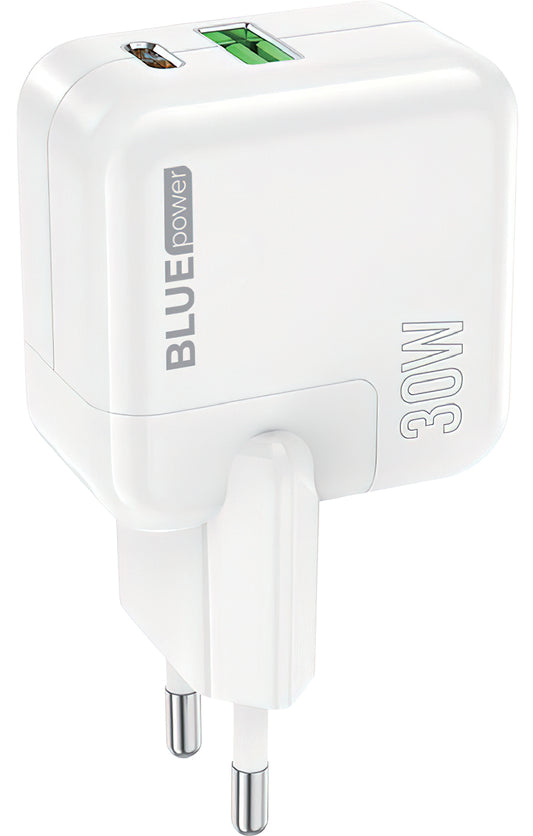 Ładowarka sieciowa BLUE Power BC111A, 30W, 3A, 1 x USB-A - 1 x USB-C, biała
