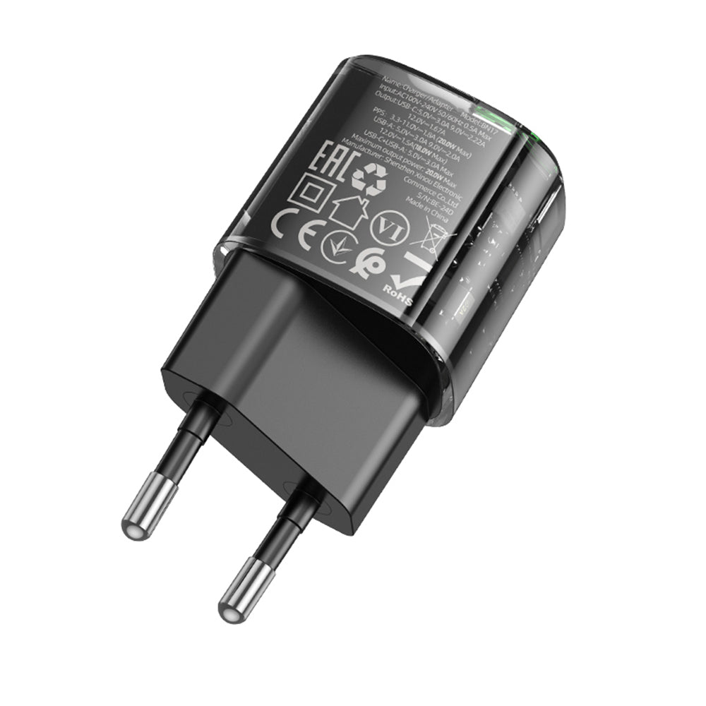 Ładowarka sieciowa Borofone BN17 Sunlight, 20W, 3A, 1 x USB-A - 1 x USB-C, Czarny