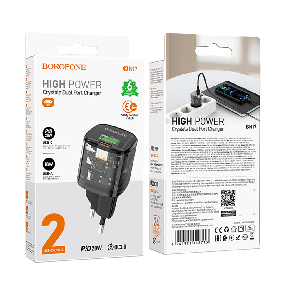 Ładowarka sieciowa Borofone BN17 Sunlight, 20W, 3A, 1 x USB-A - 1 x USB-C, Czarny