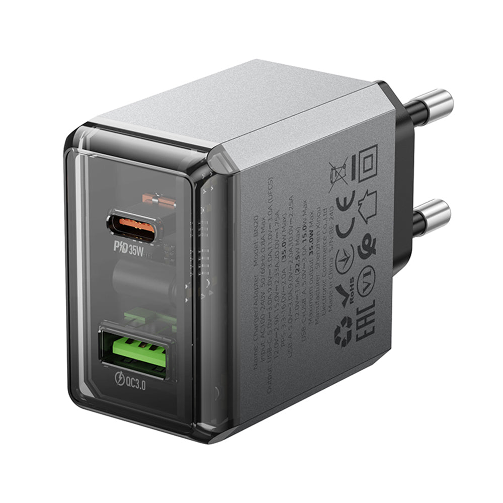 Ładowarka sieciowa Borofone BN20 Lena, 35W, 3A, 1 x USB-A - 1 x USB-C, Szara