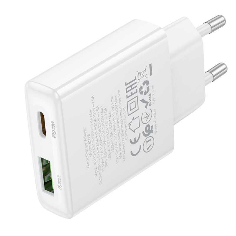 Ładowarka sieciowa Borofone BN25 Wish, 30W, 3A, 1 x USB-A - 1 x USB-C, biała