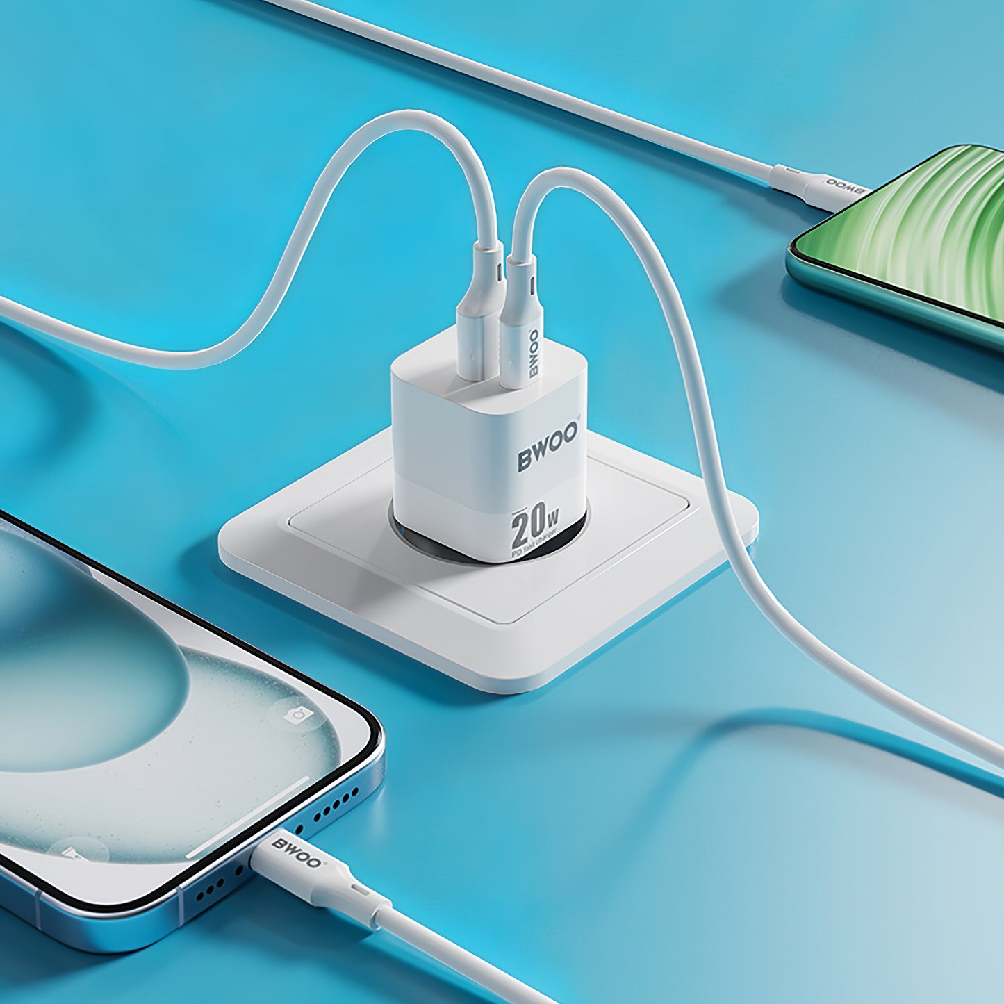 Ładowarka sieciowa BWOO BO-CDA156, 20W, 3A, 1 x USB-A - 1 x USB-C, biała