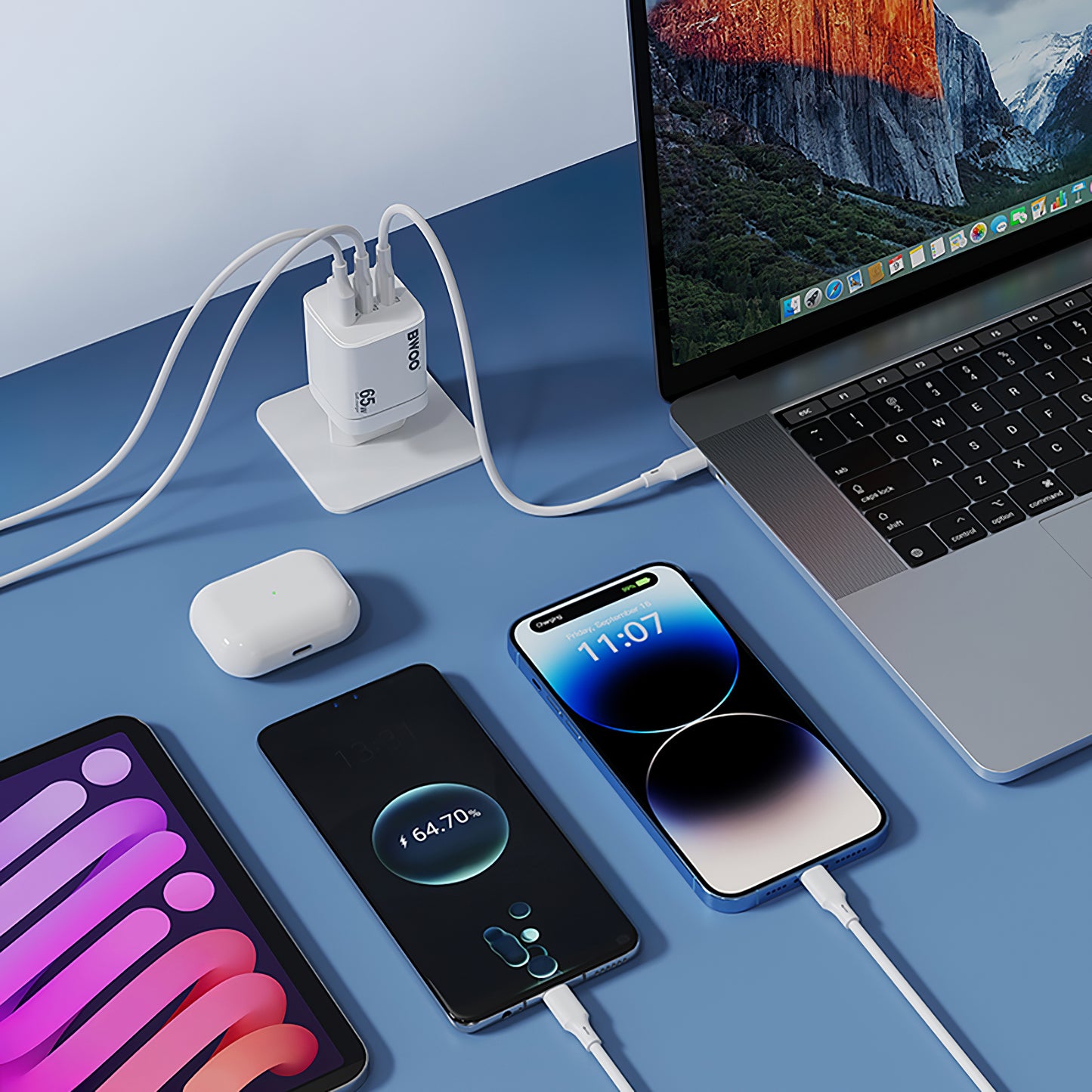 Ładowarka sieciowa BWOO CDA147, 65W, 4.5A, 1 x USB-A - 2 x USB-C, Biała