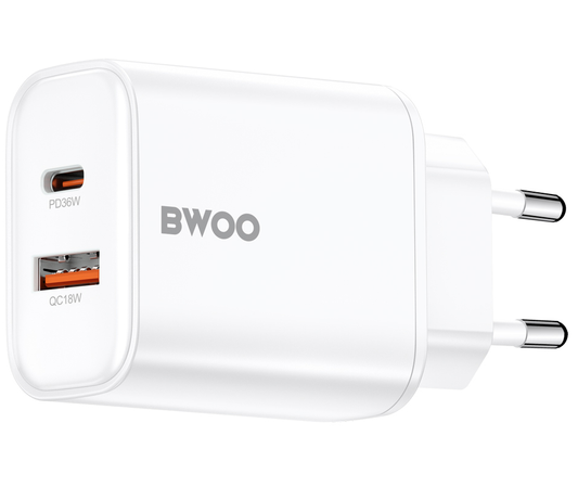 Ładowarka sieciowa BWOO CDA207, 36W, 3A, 1 x USB-A - 1 x USB-C, Biała