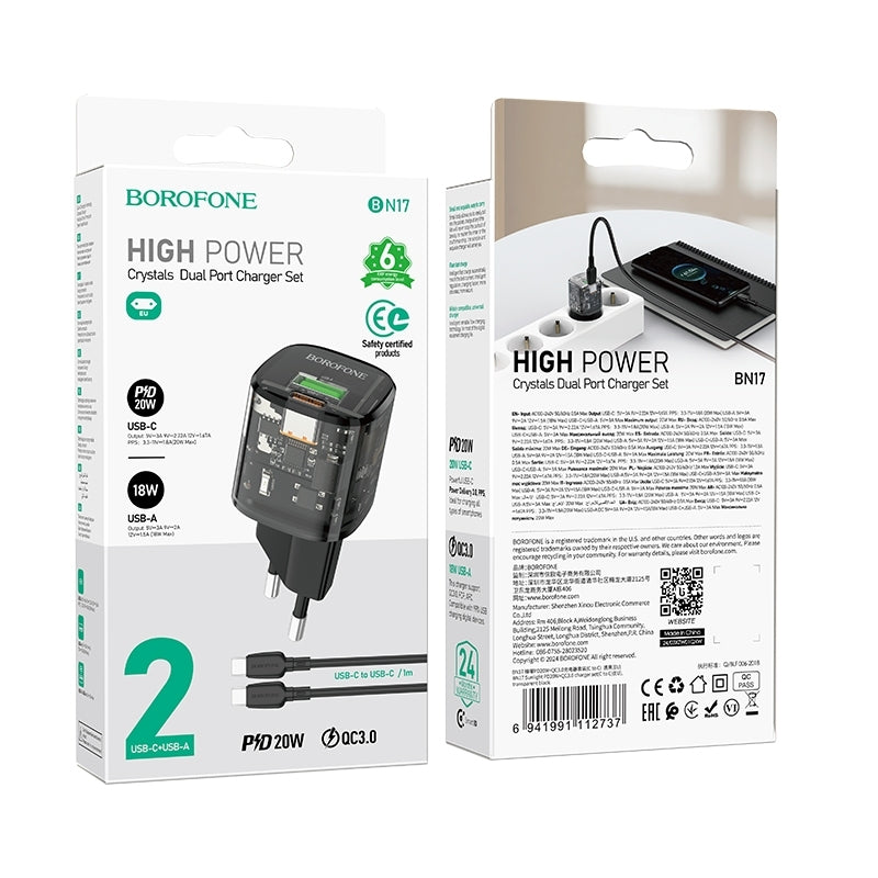 Network Charger with USB-C Cable Borofone BN17 Sunlight, 20W, 3A, 1 x USB-A - 1 x USB-C, Black