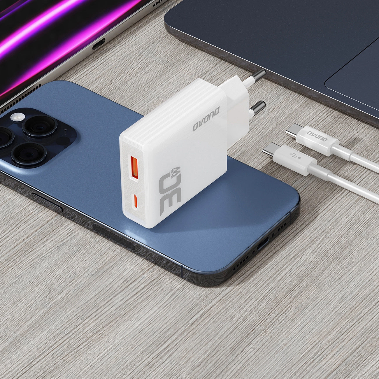 Dudao A30EUT Kabel USB-C Ładowarka sieciowa, 30W, 3A, 1 x USB-A - 1 x USB-C, biały