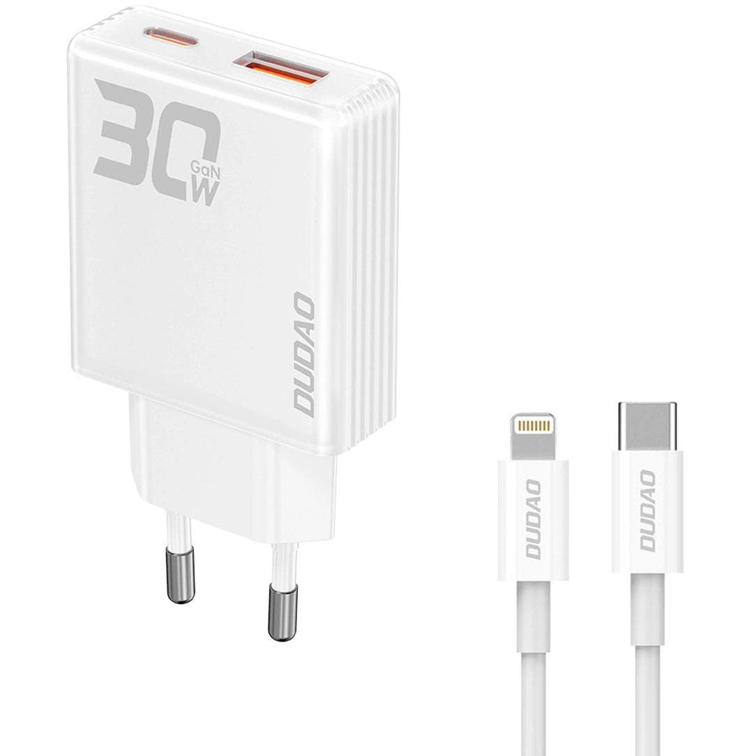 Ładowarka sieciowa Dudao A30EUL z kablem Lightning, 30 W, 3 A, 1 x USB-A - 1 x USB-C, biała