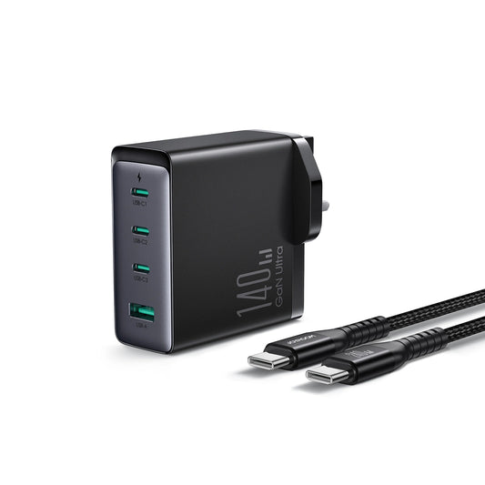 Ładowarka sieciowa z kablem USB-C Joyroom JR-TCG05UK, 140W, 5A, 1 x USB-A - 3 x USB-C, UK, Czarny