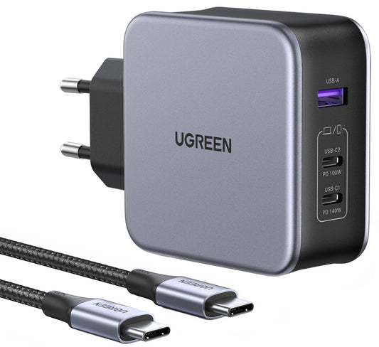Ładowarka sieciowa z kablem USB-C UGREEN CD289, 140W, 5A, 1 x USB-A - 2 x USB-C, Szara