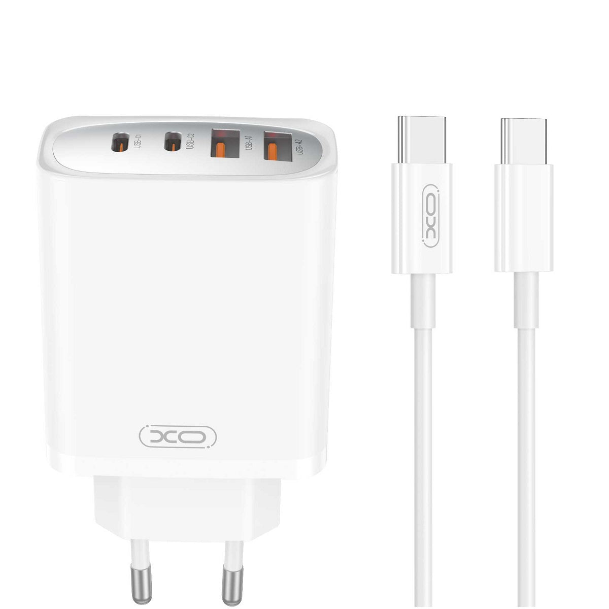 Ładowarka sieciowa z kablem USB-C XO Design CE22, 45W, 3A, 2 x USB-A - 2 x USB-C, Biała
