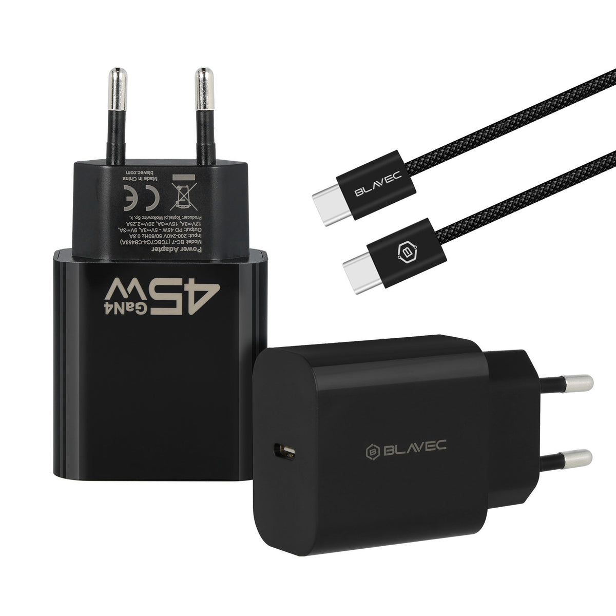 Ładowarka sieciowa z kablem USB-C Blavec BC-7, 45W, 3A, 1 x USB-C, Czarna