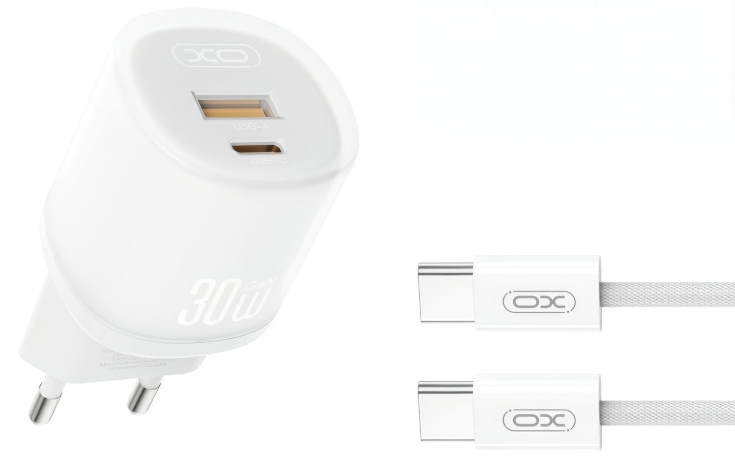 Ładowarka sieciowa z kablem USB-C XO Design L151, 30W, 3A, 1 x USB-A - 1 x USB-C, Biała