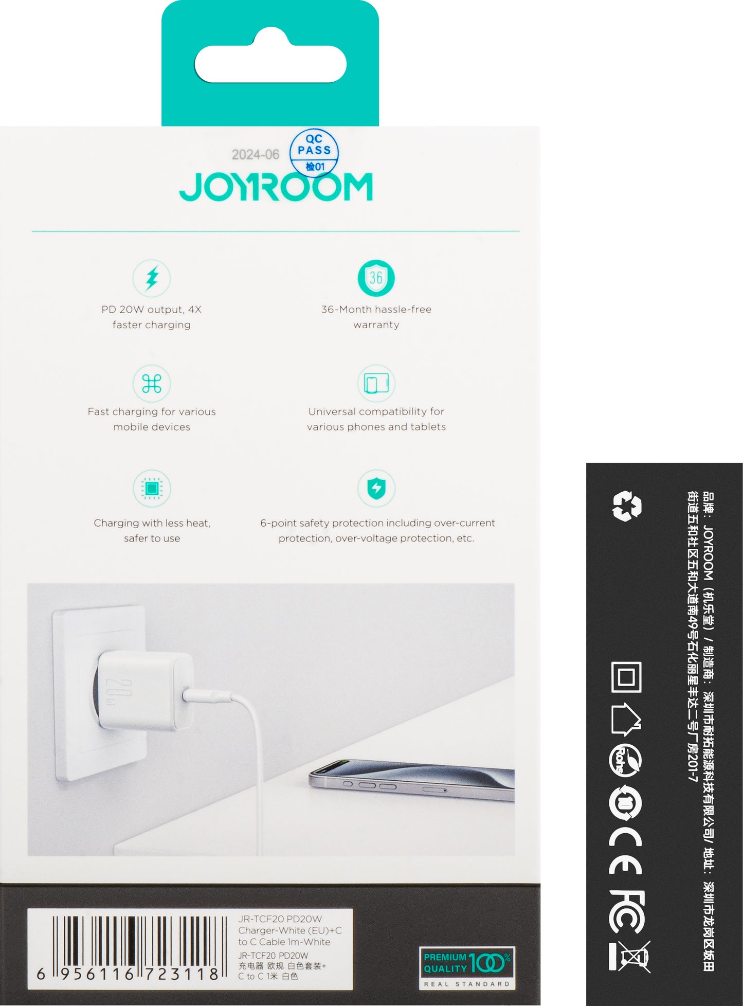 Ładowarka sieciowa z kablem USB-C Joyroom JR-TCF20, 20W, 3A, 1 x USB-C, Biała