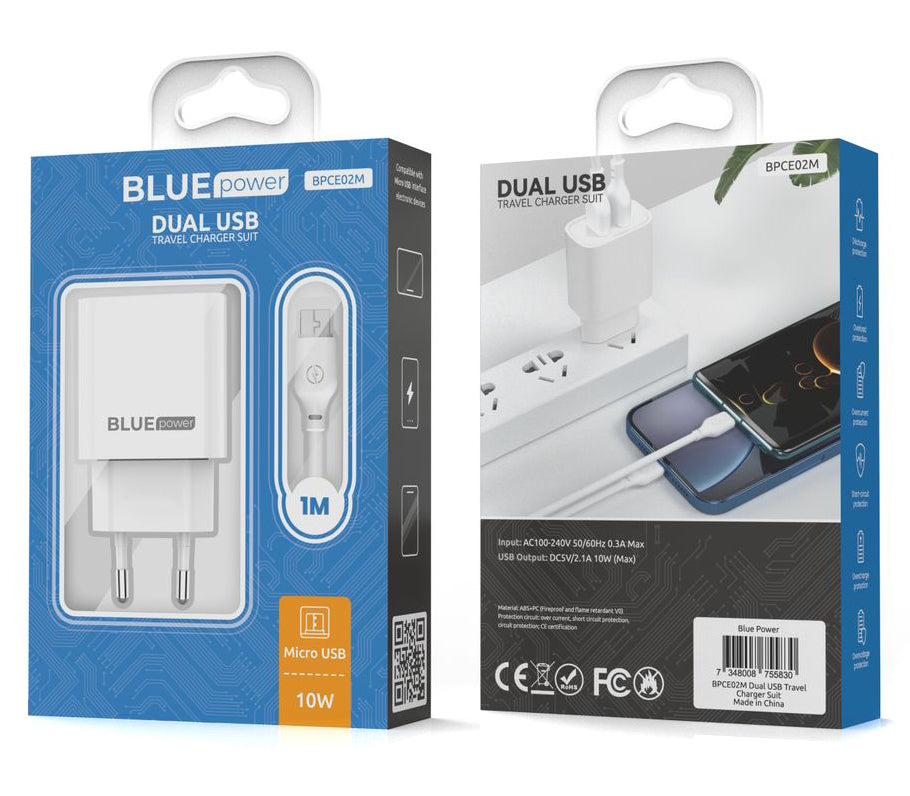Ładowarka sieciowa Blue Power BPCE02M z kablem microUSB BPCE02M, 10,5 W, 2,1 A, 2 x USB-A, biała