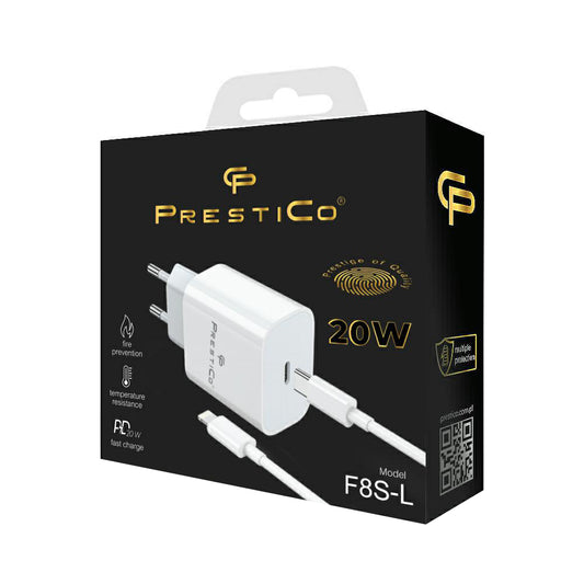 Ładowarka sieciowa z kablem Lightning Prestico F8S, 20W, 3A, 1 x USB-C, Biała