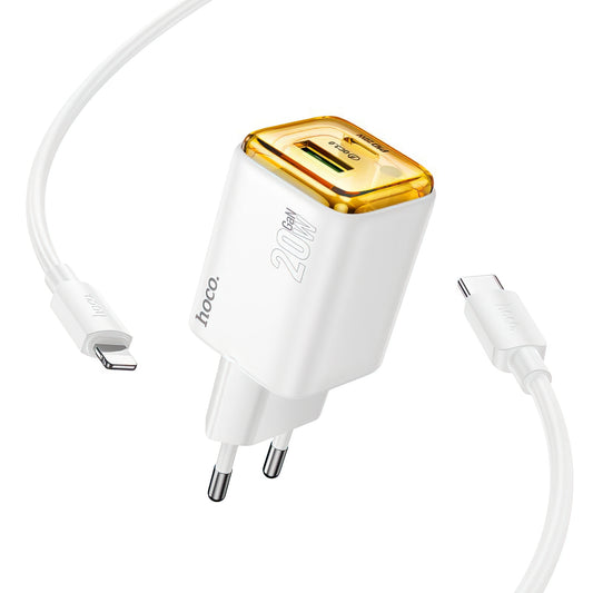 Ładowarka sieciowa z kablem Lightning HOCO N52, 20W, 3A, 1 x USB-A - 1 x USB-C, Biała