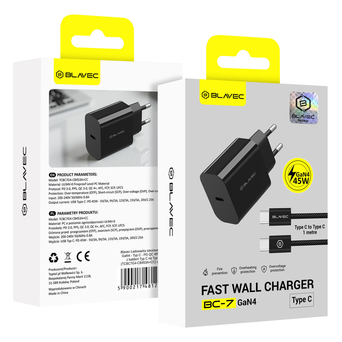 Ładowarka sieciowa z kablem USB-C Blavec BC-7, 45W, 3A, 1 x USB-C, Czarna