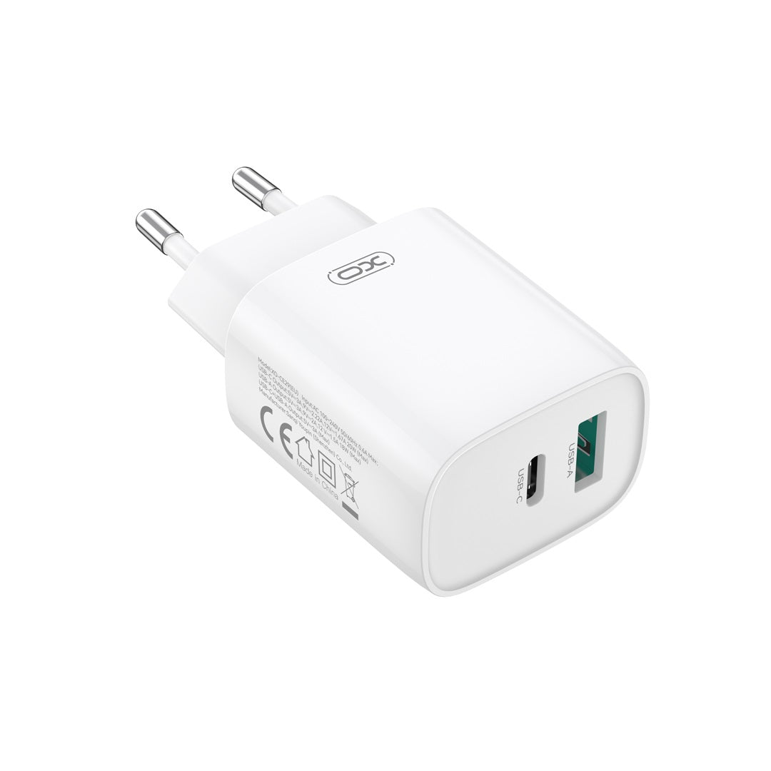 Ładowarka sieciowa z kablem USB-C XO Design CE29, 20W, 3A, 1 x USB-A - 1 x USB-C, Biała