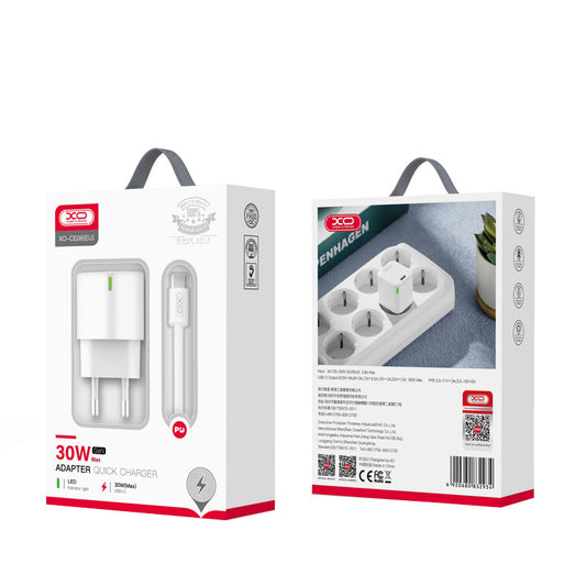 Ładowarka sieciowa z kablem USB-C XO Design CE06, 30W, 3A, 1 x USB-C, Biała