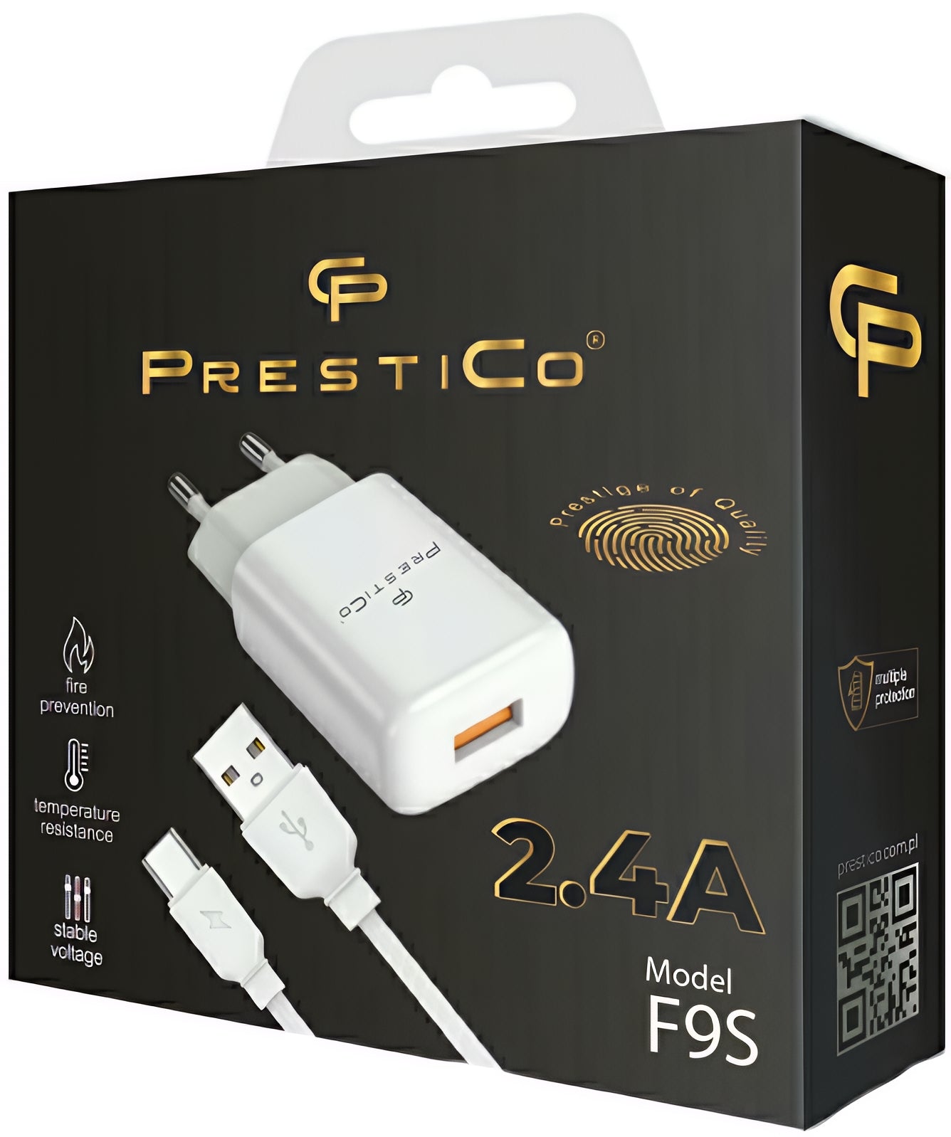 Ładowarka sieciowa z kablem USB-C Prestico F9S, 12W, 2.4A, 1 x USB-A, Biała