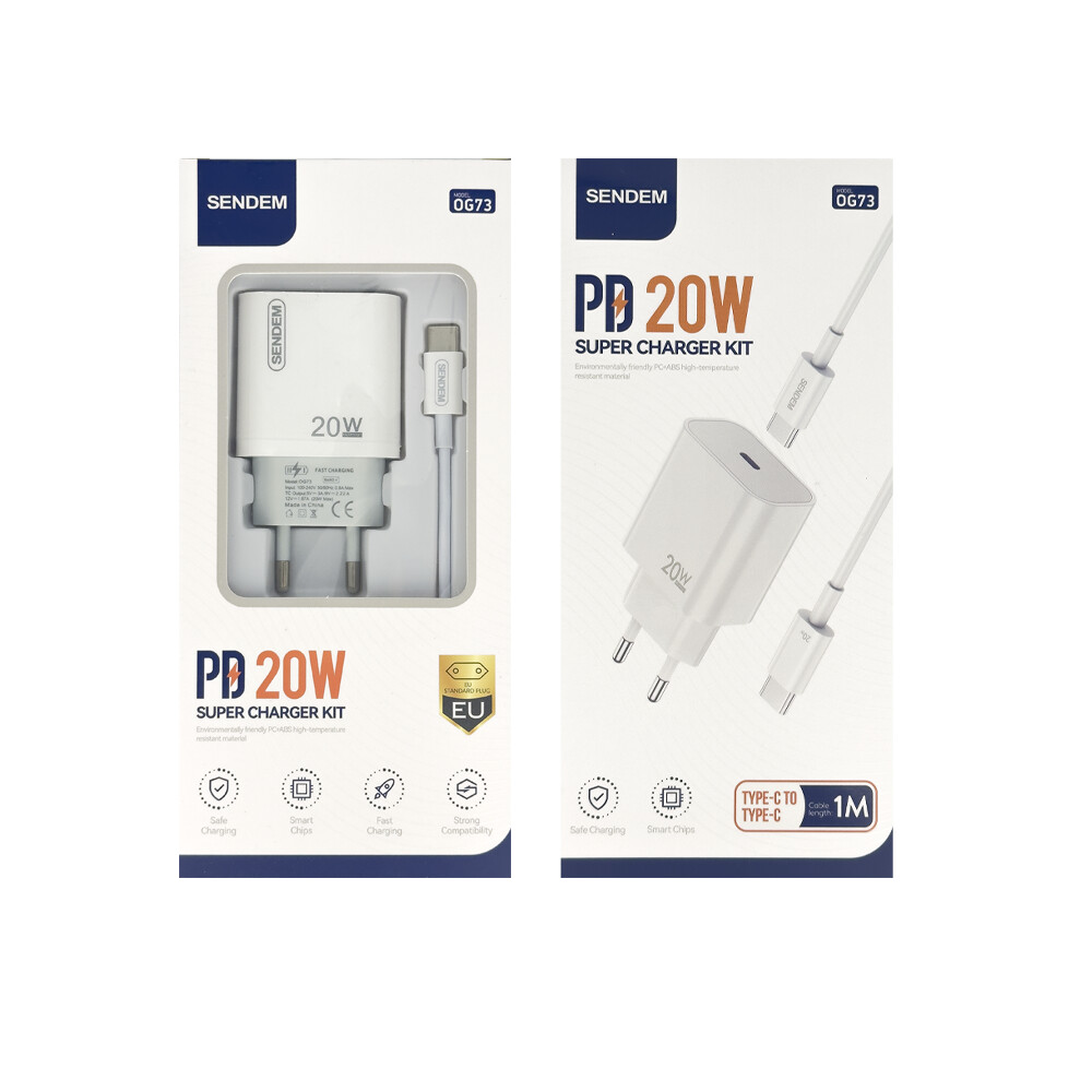 Ładowarka sieciowa z kablem USB-C Sendem OG73, 20W, 3A, 1 x USB-C, biały