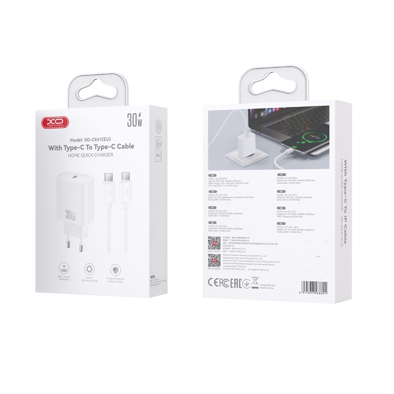 Ładowarka sieciowa z kablem USB-C XO Design CE41, 30W, 3A, 1 x USB-C, biały