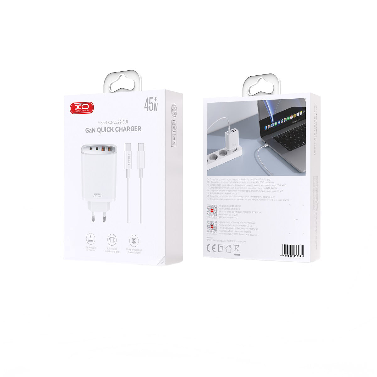 Ładowarka sieciowa z kablem USB-C XO Design CE22, 45W, 3A, 2 x USB-A - 2 x USB-C, Biała