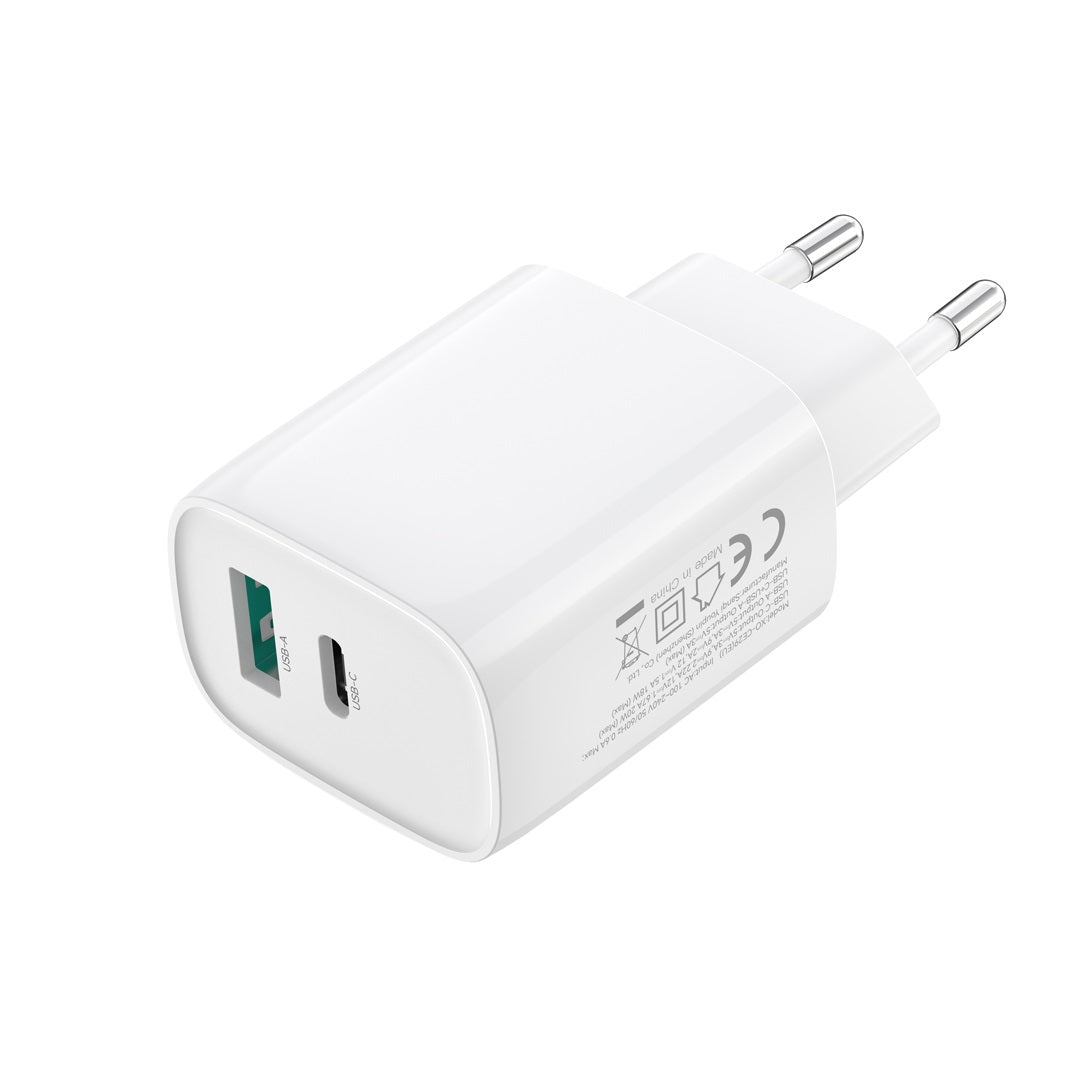 Ładowarka sieciowa z kablem USB-C XO Design CE29, 20W, 3A, 1 x USB-A - 1 x USB-C, Biała
