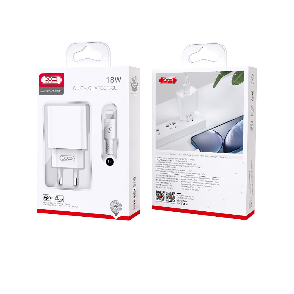 Ładowarka sieciowa z kablem USB-C XO Design CE02D, 18W, 3A, 1 x USB-A, Biała