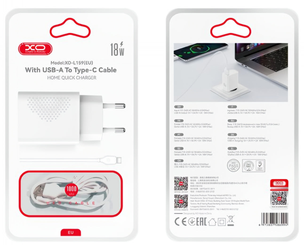 Ładowarka sieciowa z kablem USB-C XO Design L159, 18W, 3A, 1 x USB-A, Biała