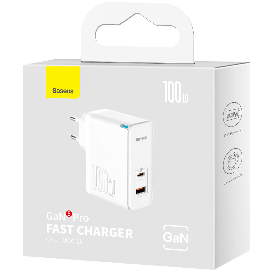 Ładowarka sieciowa z kablem USB-C Baseus GaN5 Pro, 100W, 3A, 1 x USB-A - 1 x USB-C, Biała CCGP090202