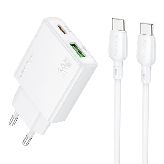 Ładowarka sieciowa z kablem USB-C Borofone BN25 Wish, 30W, 3A, 1 x USB-A - 1 x USB-C, biała
