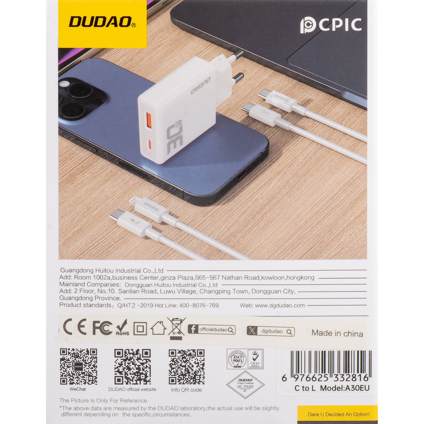 Ładowarka sieciowa Dudao A30EUL z kablem Lightning, 30 W, 3 A, 1 x USB-A - 1 x USB-C, biała