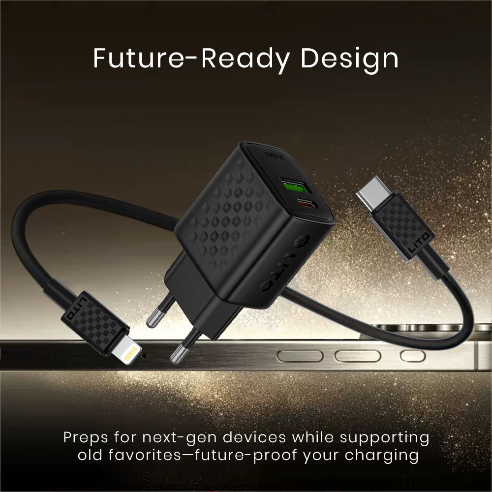 Ładowarka sieciowa z kablem Lightning Lito LC15L, 20W, 3A, 1 x USB-A - 1 x USB-C, Czarny