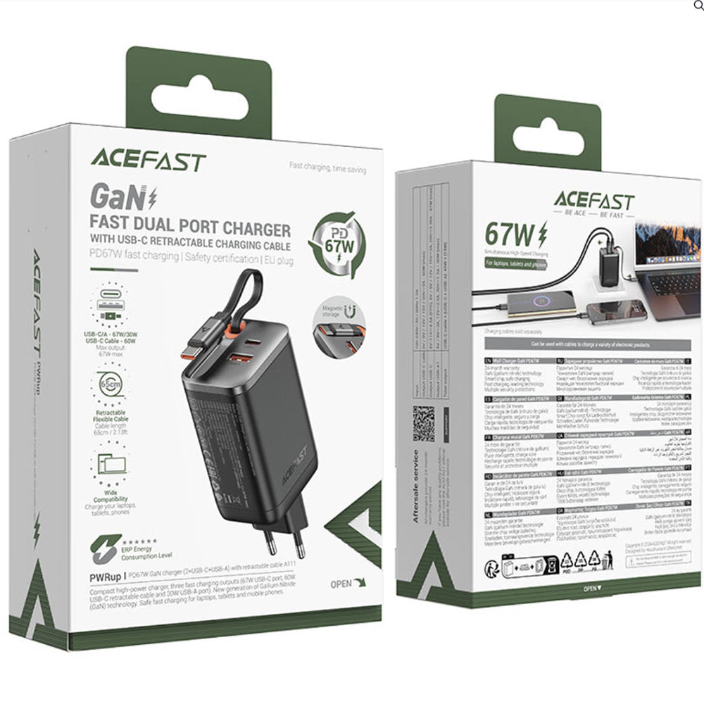 Ładowarka sieciowa z kablem USB-C Acefast A111, 67W, 3A, 1 x USB-A - 1 x USB-C, Czarna