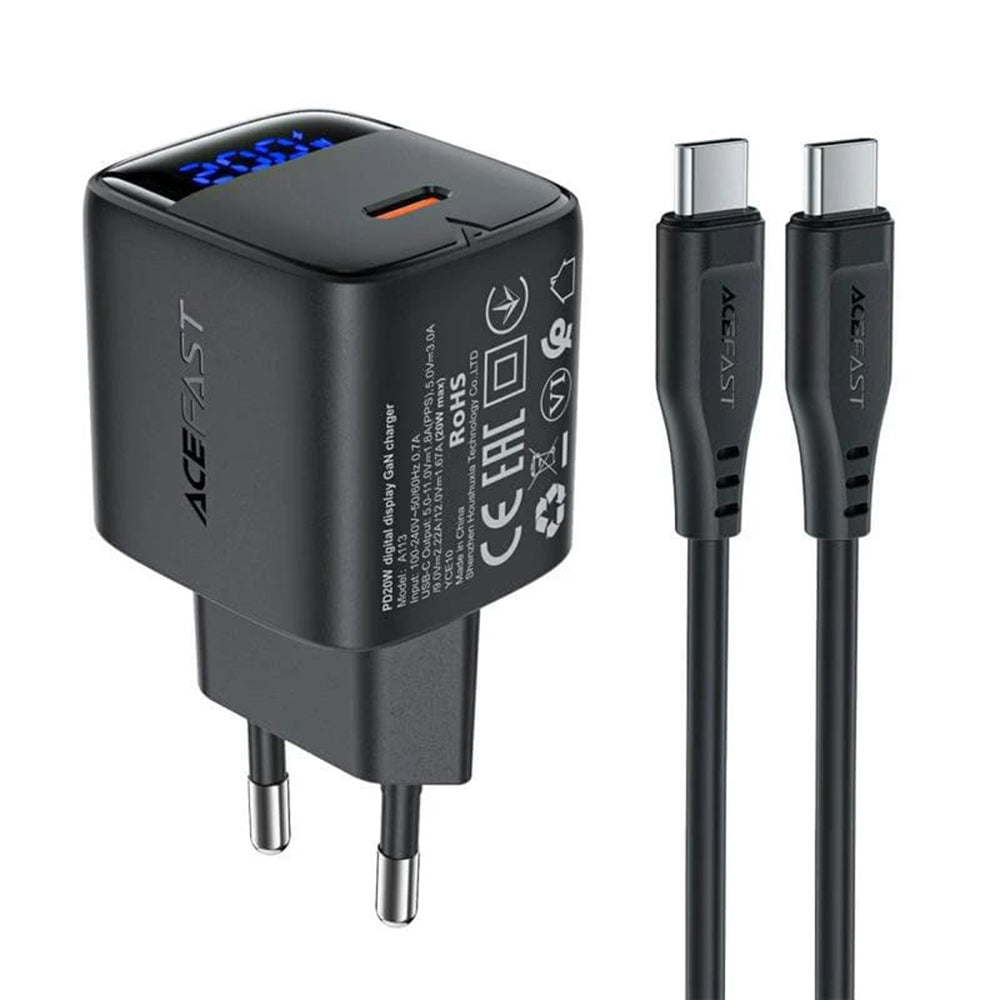 Ładowarka sieciowa z kablem USB-C Acefast A113 Display, 20W, 3A, 1 x USB-C, Czarny