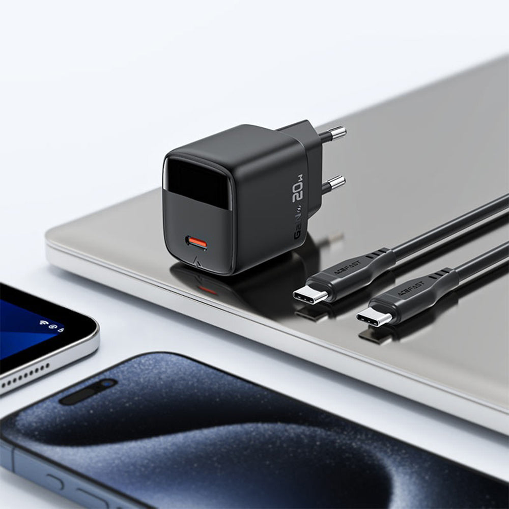 Ładowarka sieciowa z kablem USB-C Acefast A113 Display, 20W, 3A, 1 x USB-C, Czarny