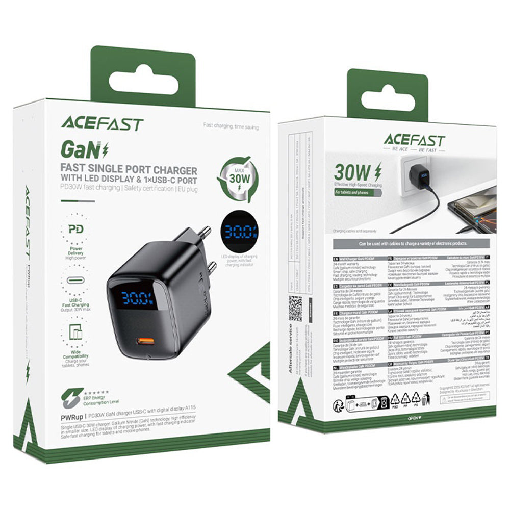 Ładowarka sieciowa z kablem USB-C Acefast A113 Display, 20W, 3A, 1 x USB-C, Czarny