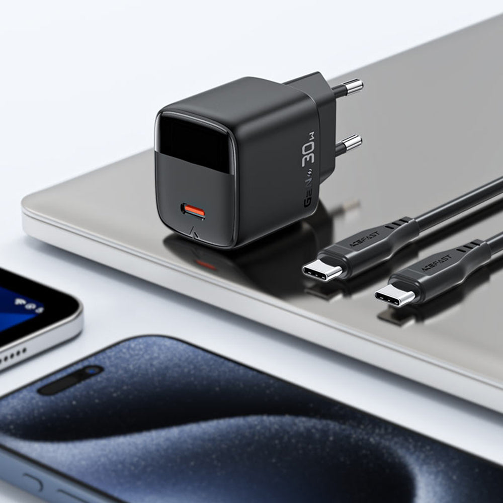 Acefast A115 Display USB-C Network Charger with Cable, 30W, 3A, 1 x USB-C, Black