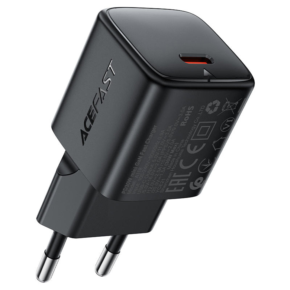 Ładowarka sieciowa z kablem USB-C Acefast A118, 30W, 3A, 1 x USB-C, Czarna