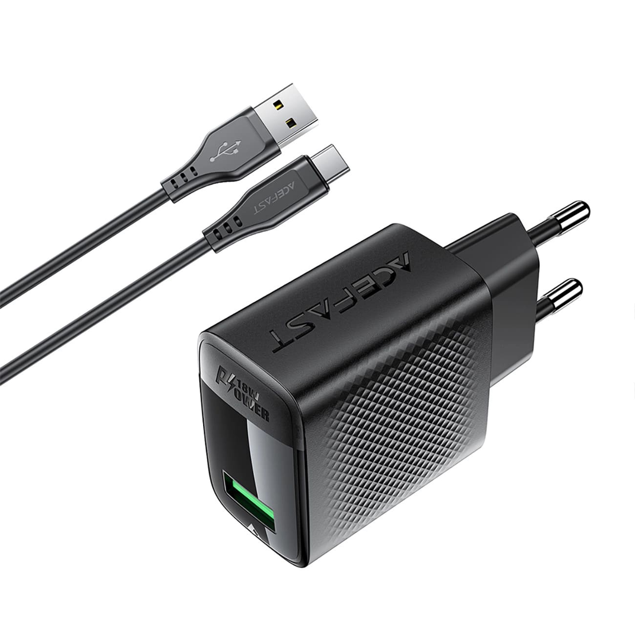 Ładowarka sieciowa z kablem USB-C Acefast A90, 18W, 3A, 1 x USB-A, Czarna