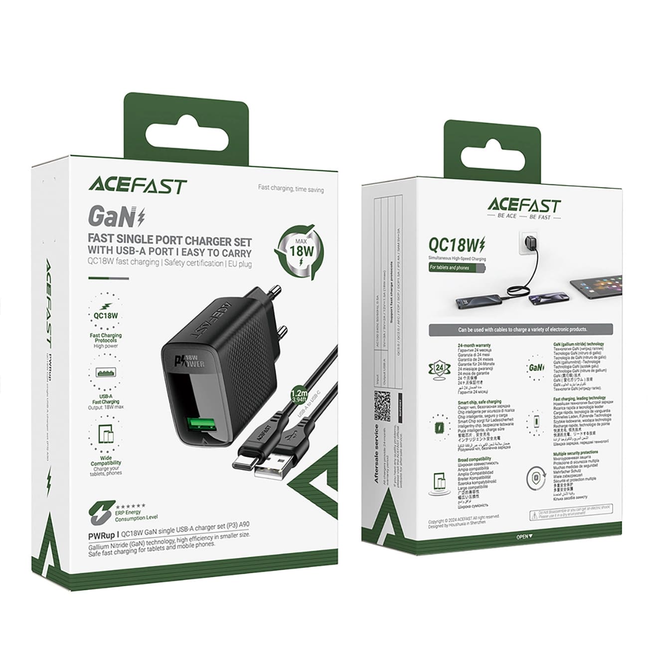 Ładowarka sieciowa z kablem USB-C Acefast A90, 18W, 3A, 1 x USB-A, Czarna